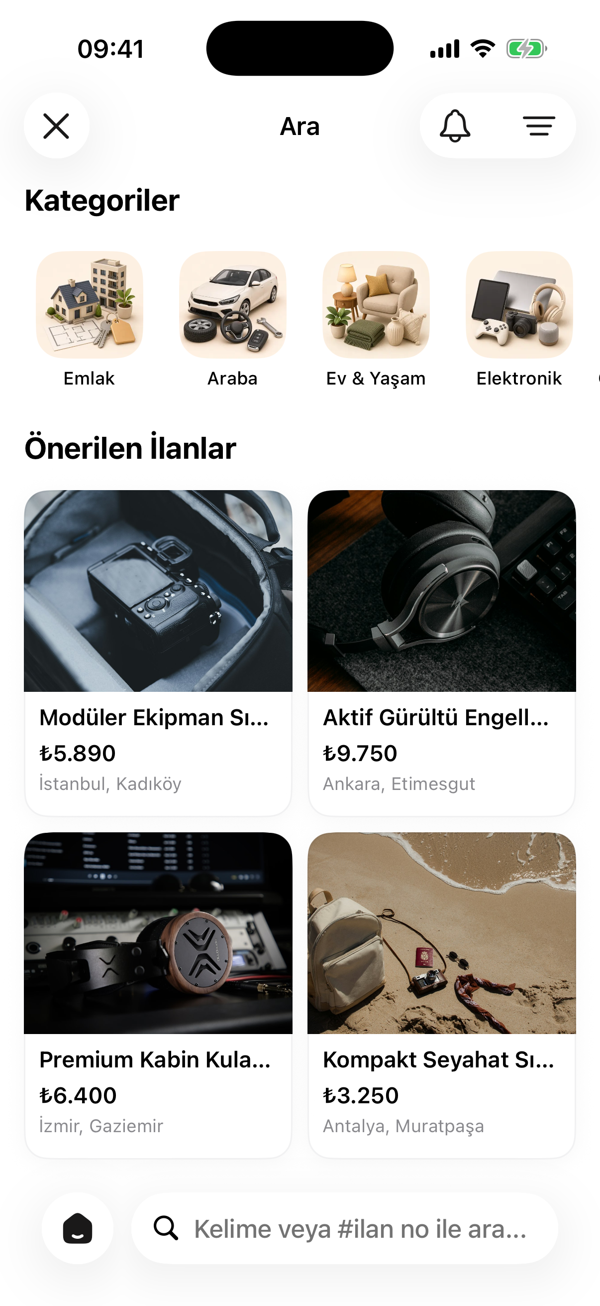 Havacıdan kategori ve arama ekranı