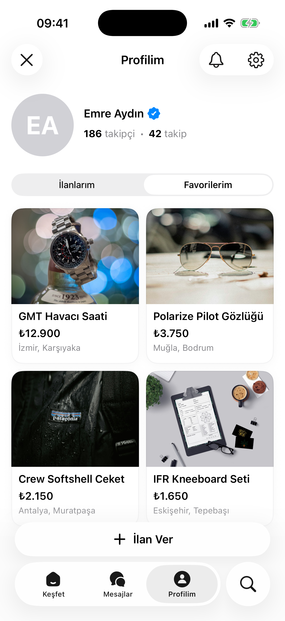 Havacıdan favoriler ekranı