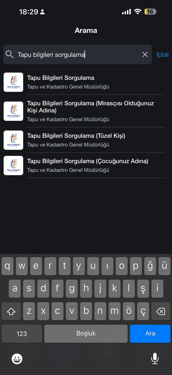 e-Devlet mobil uygulamasında Tapu Bilgileri Sorgulama araması