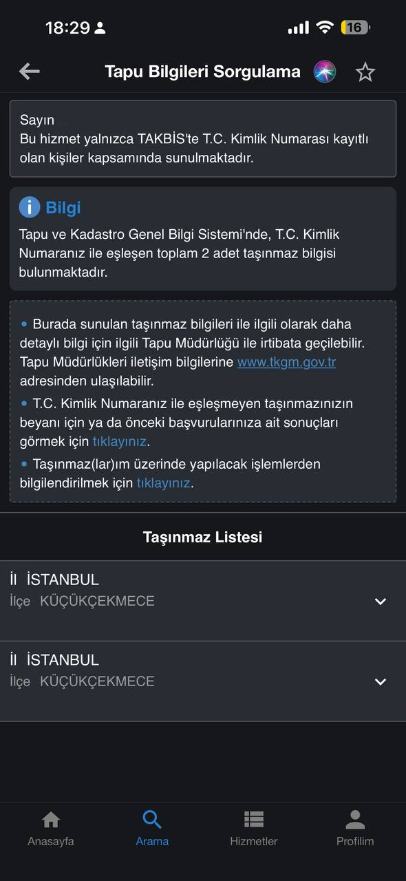 e-Devlet mobil uygulamasında taşınmaz listesi