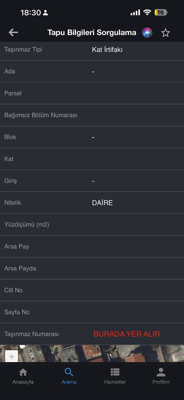 e-Devlet mobil uygulamasında Taşınmaz Numarası satırı